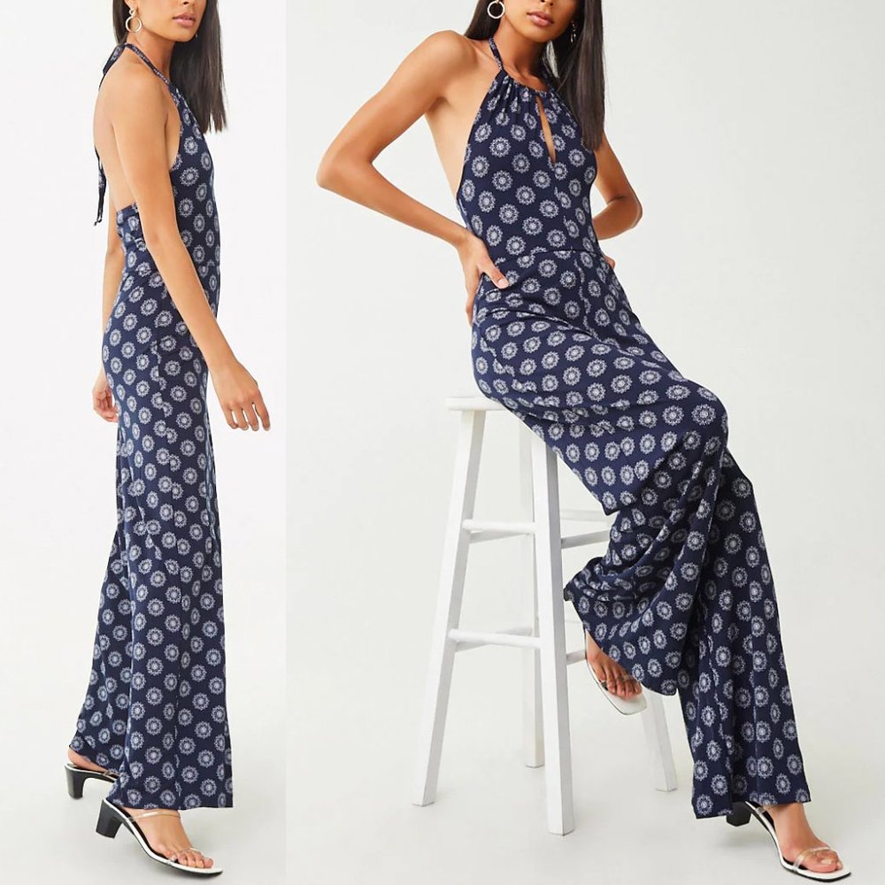 NEW Navy Blue Medallion Halter Palazzo Jumpsuit - Picture 4 of 8
